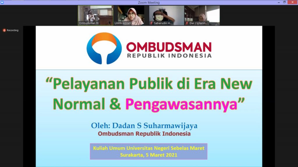 Ombudsman Gelar Kuliah Umum Mahasiswa UNS Secara Daring